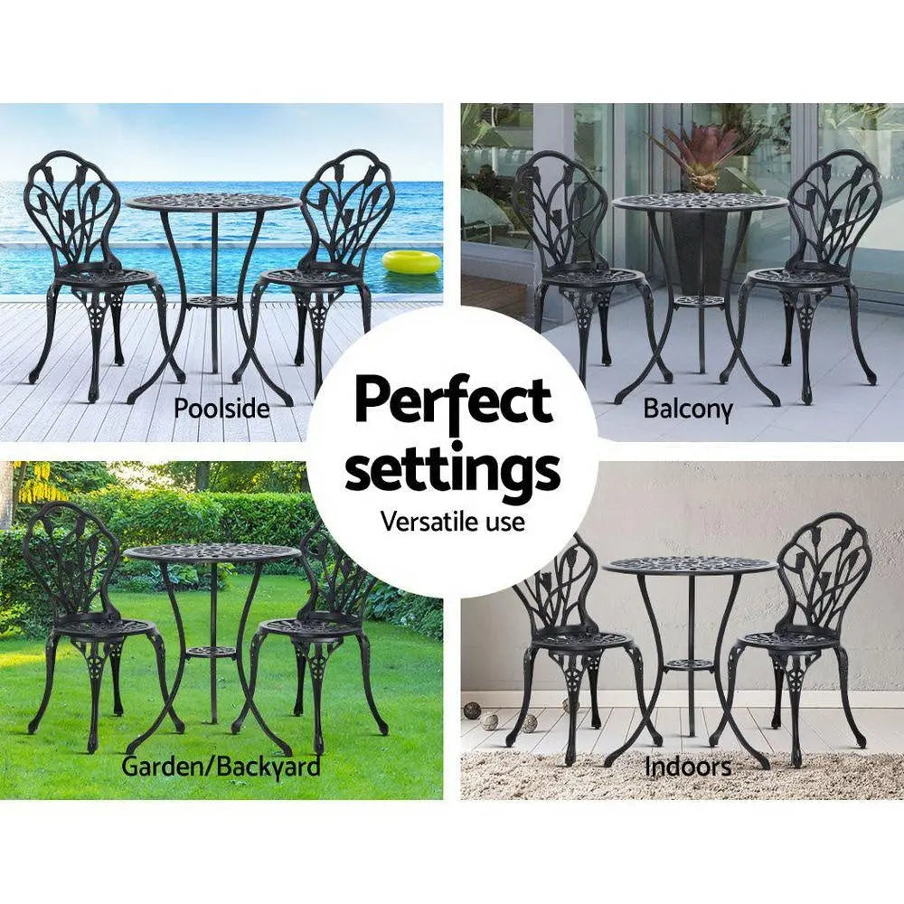 Gardeon 3PC Outdoor Setting Cast Aluminium Bistro Table Chair Patio Black Deals499