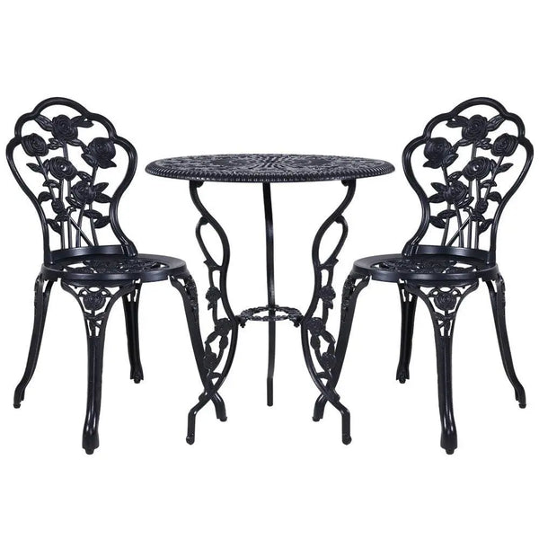 Gardeon 3PC Outdoor Setting Cast Aluminium Bistro Table Chair Patio Black Deals499