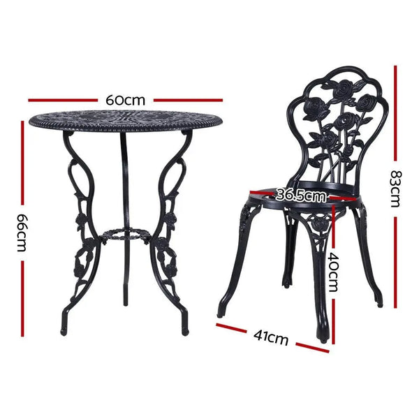 Gardeon 3PC Outdoor Setting Cast Aluminium Bistro Table Chair Patio Black Deals499