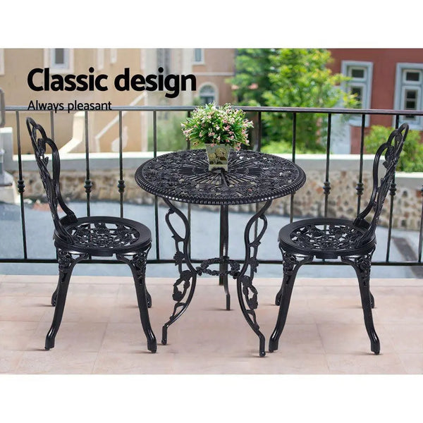 Gardeon 3PC Outdoor Setting Cast Aluminium Bistro Table Chair Patio Black Deals499