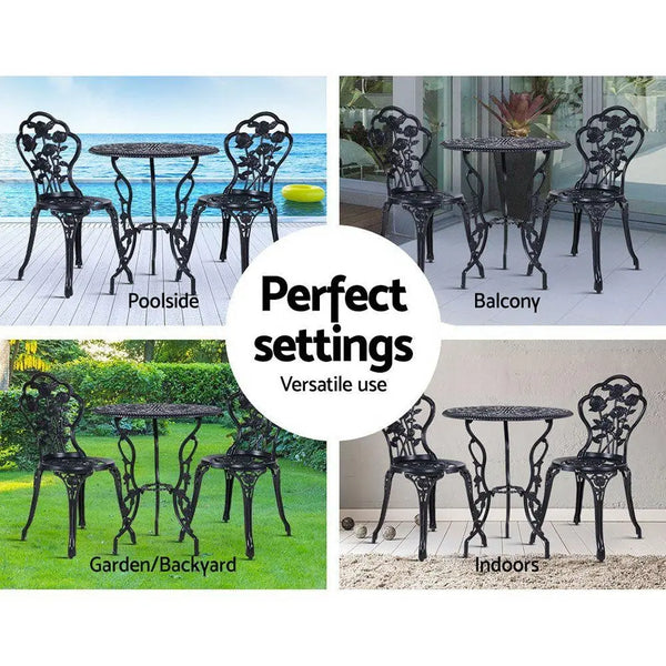 Gardeon 3PC Outdoor Setting Cast Aluminium Bistro Table Chair Patio Black Deals499