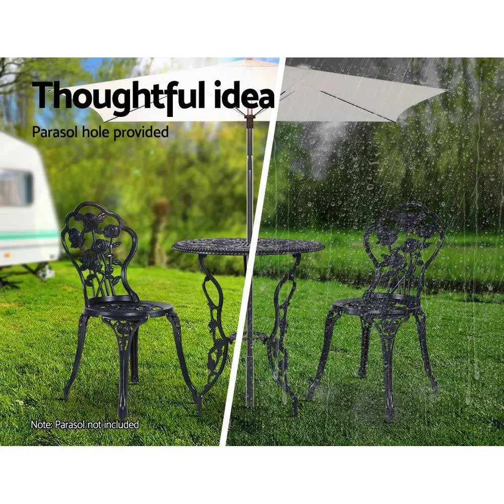 Gardeon 3PC Outdoor Setting Cast Aluminium Bistro Table Chair Patio Black Deals499