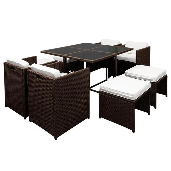 Gardeon 9 Piece Wicker Outdoor Dining Set - Brown & White Deals499