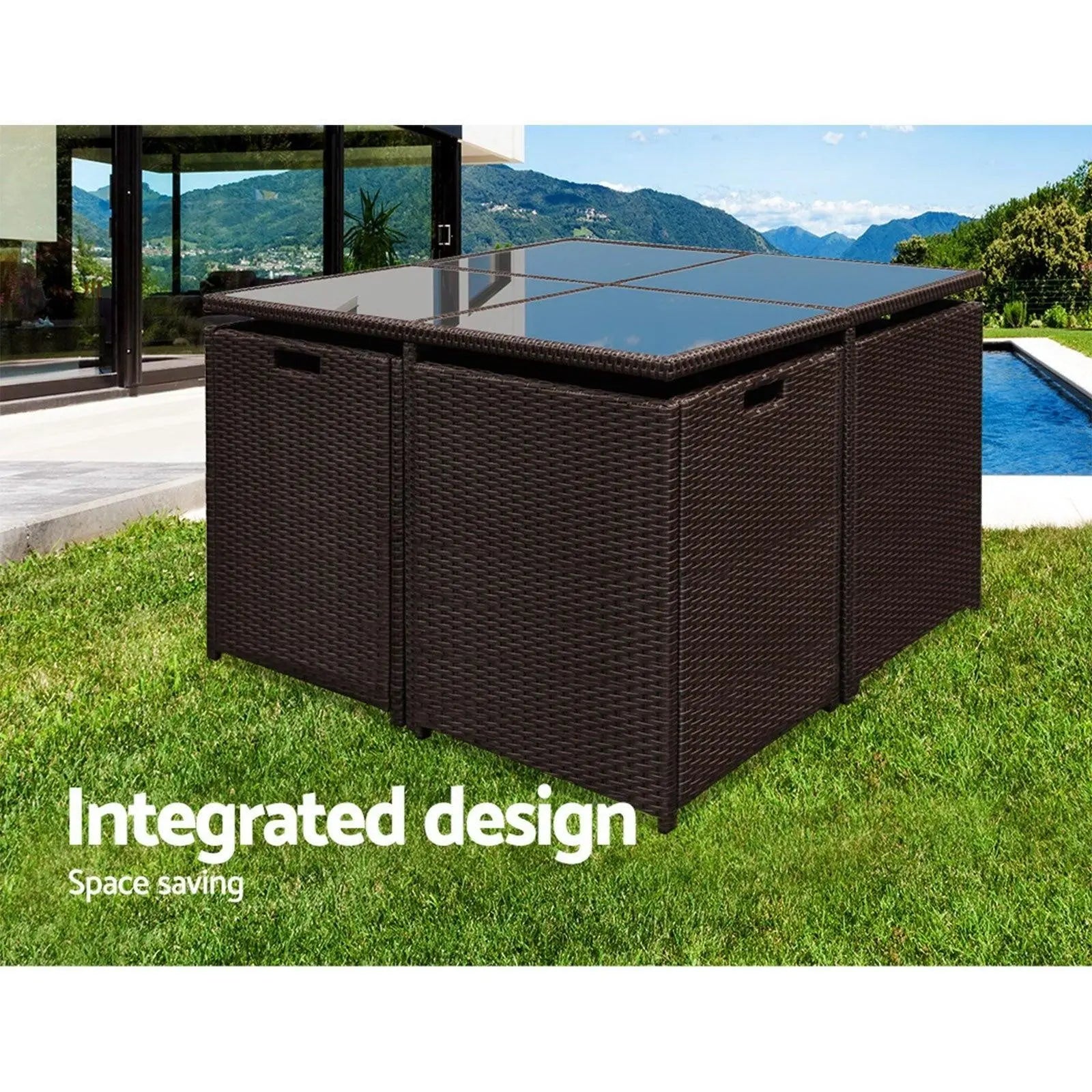 Gardeon 9 Piece Wicker Outdoor Dining Set - Brown & White Deals499