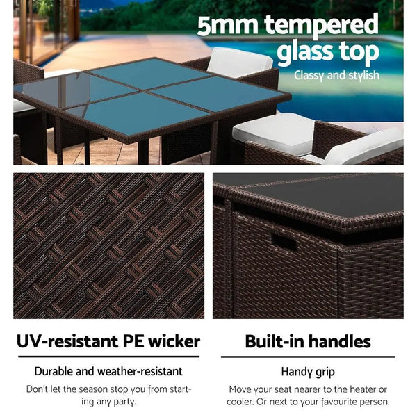 Gardeon 9 Piece Wicker Outdoor Dining Set - Brown & White Deals499