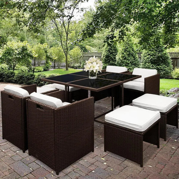 Gardeon 9 Piece Wicker Outdoor Dining Set - Brown & White Deals499