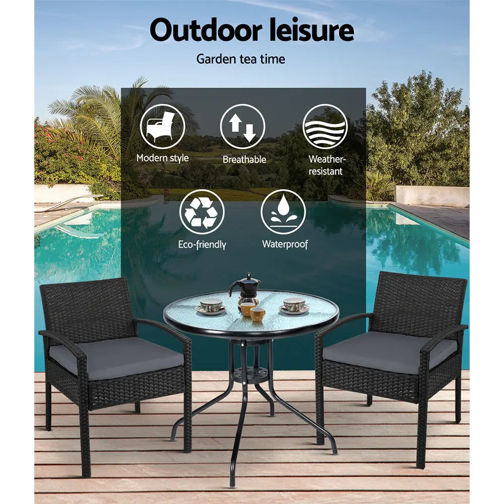 Gardeon Outdoor Furniture Dining Chairs Wicker Garden Patio Cushion Black 3PCS Sofa Set Tea Coffee Cafe Bar Set Deals499