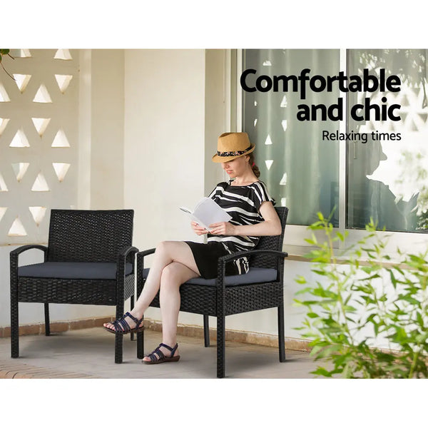 Gardeon Outdoor Furniture Dining Chairs Wicker Garden Patio Cushion Black 3PCS Sofa Set Tea Coffee Cafe Bar Set Deals499