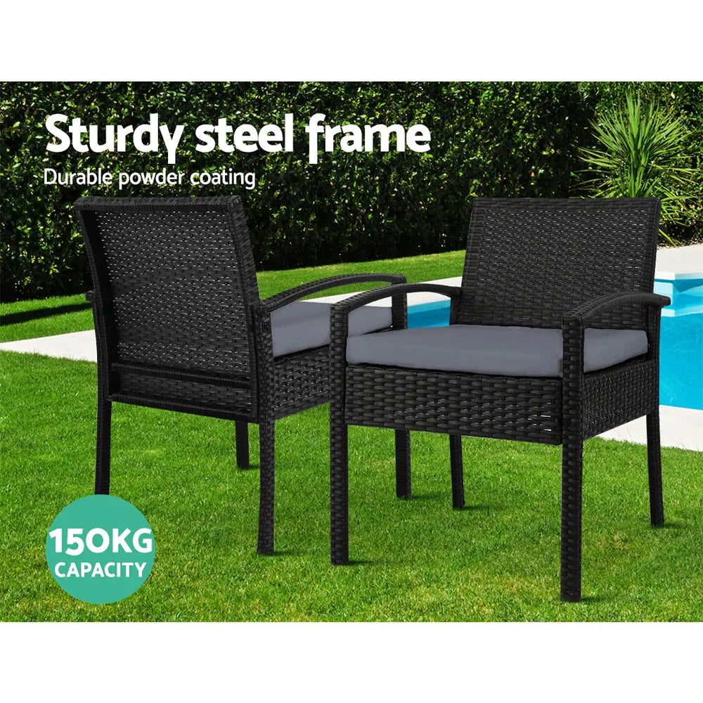 Gardeon Outdoor Furniture Dining Chairs Wicker Garden Patio Cushion Black 3PCS Sofa Set Tea Coffee Cafe Bar Set Deals499