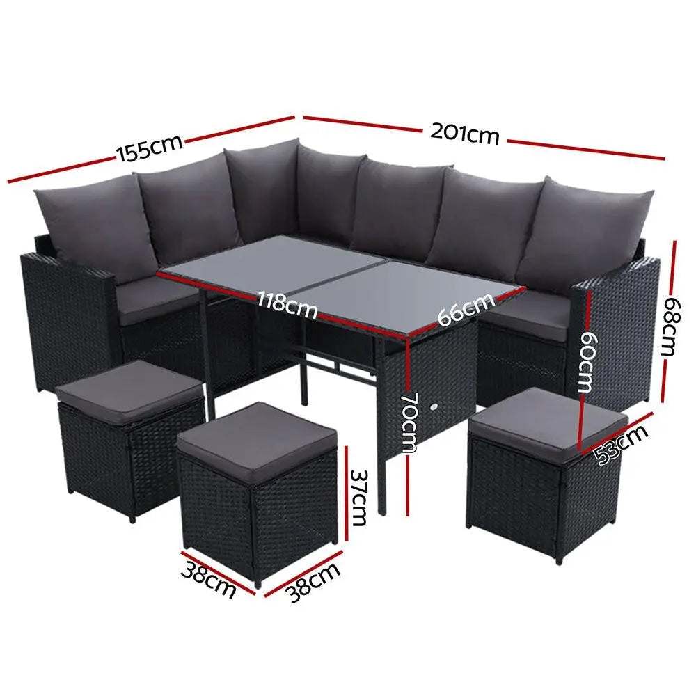 Gardeon Outdoor Furniture Dining Setting Sofa Set Lounge Wicker 9 Seater Black Deals499