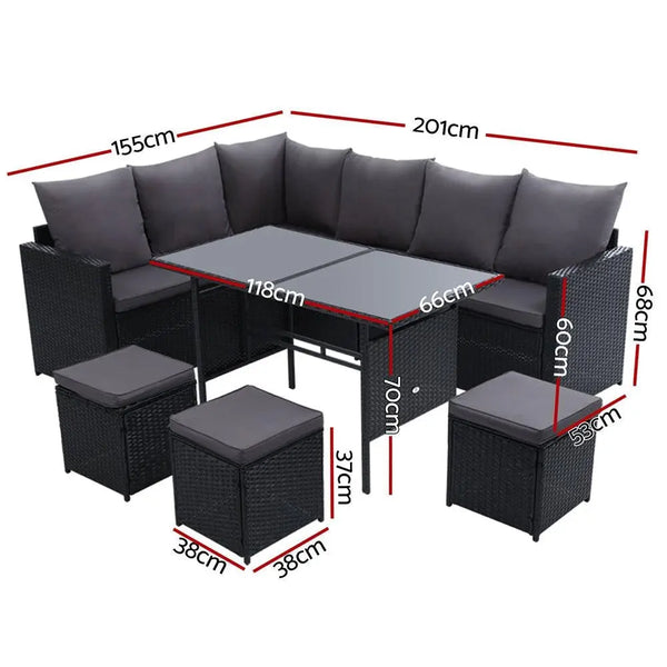 Gardeon Outdoor Furniture Dining Setting Sofa Set Lounge Wicker 9 Seater Black Deals499