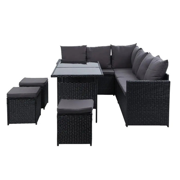 Gardeon Outdoor Furniture Dining Setting Sofa Set Lounge Wicker 9 Seater Black Deals499
