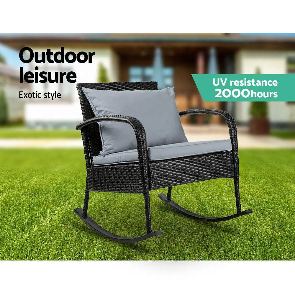 Gardeon Outdoor Furniture Rocking Chair Wicker Garden Patio Lounge Setting Black Deals499