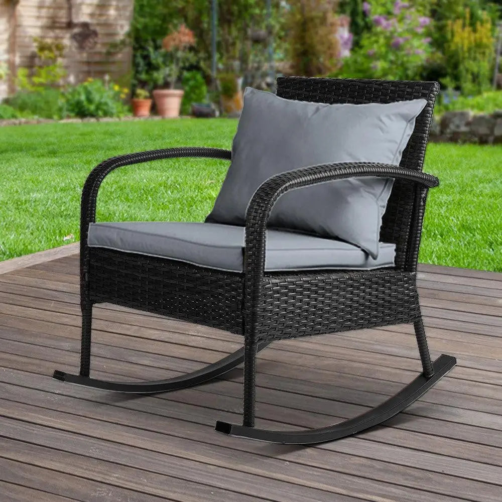Gardeon Outdoor Furniture Rocking Chair Wicker Garden Patio Lounge Setting Black Deals499