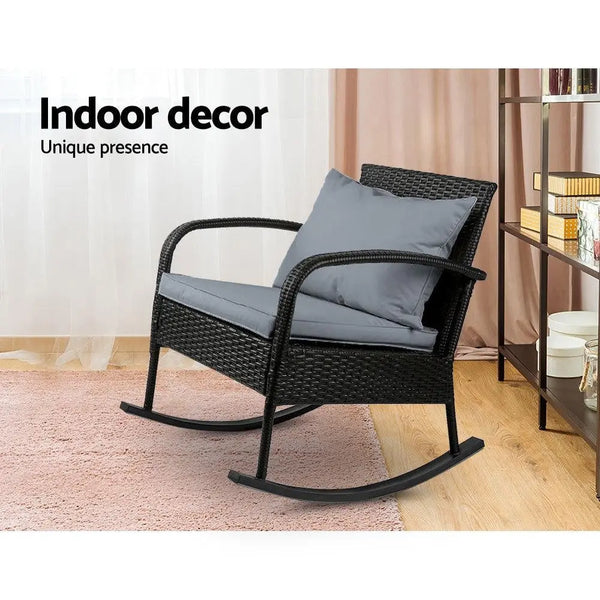 Gardeon Outdoor Furniture Rocking Chair Wicker Garden Patio Lounge Setting Black Deals499