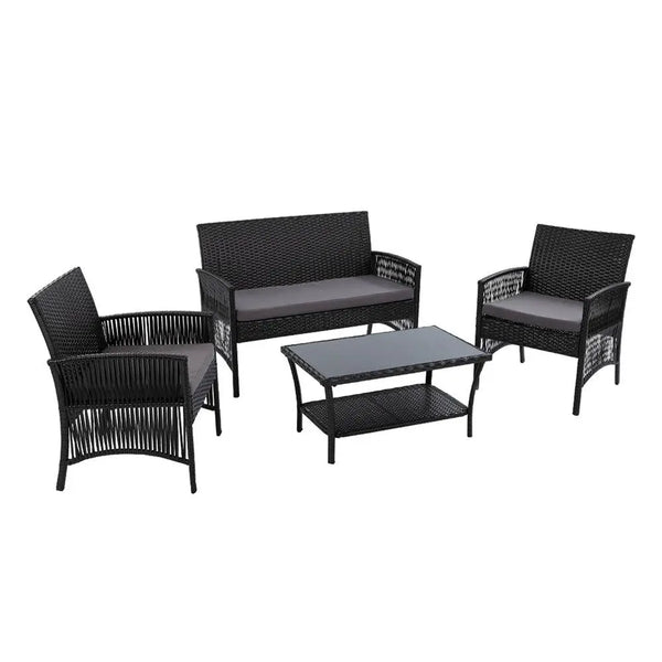 Gardeon Outdoor Furniture Set Wicker Cushion 4pc Black Deals499