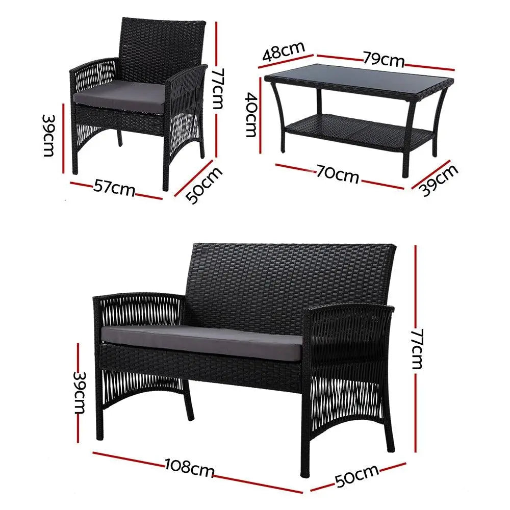 Gardeon Outdoor Furniture Set Wicker Cushion 4pc Black Deals499