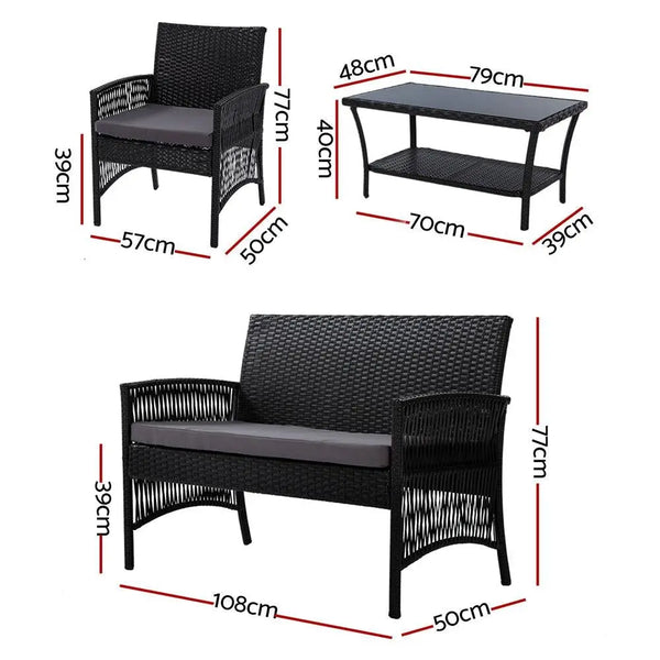 Gardeon Outdoor Furniture Set Wicker Cushion 4pc Black Deals499