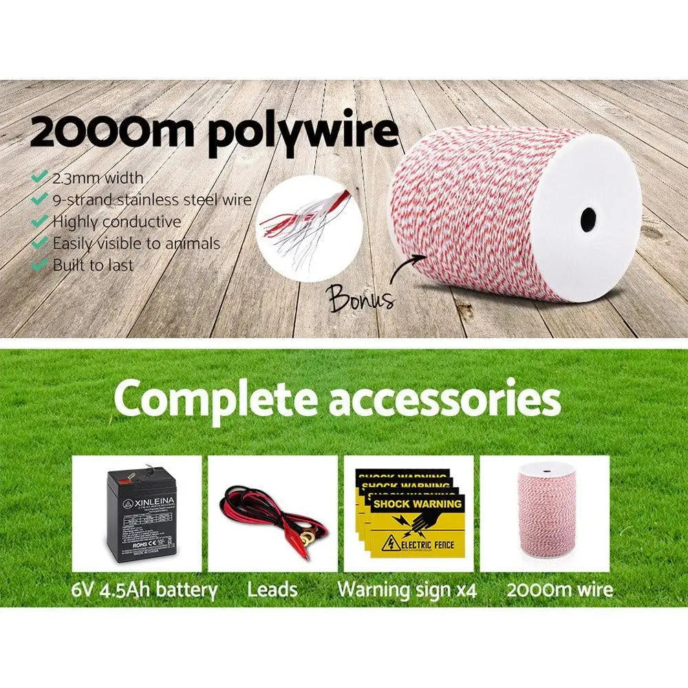 Giantz 3KM Solar Electric Fence Energiser Energizer 0.1J + 2000M Poly Fencing Wire Tape Deals499