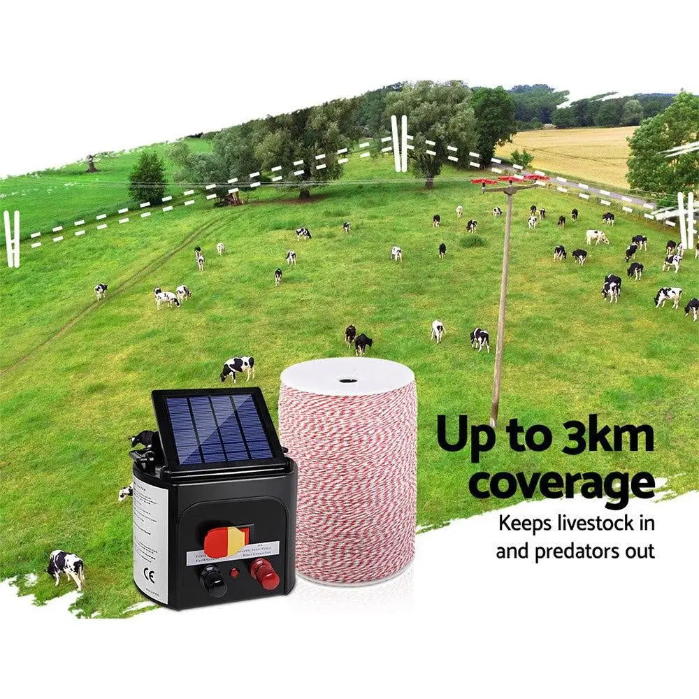Giantz 3KM Solar Electric Fence Energiser Energizer 0.1J + 2000M Poly Fencing Wire Tape Deals499