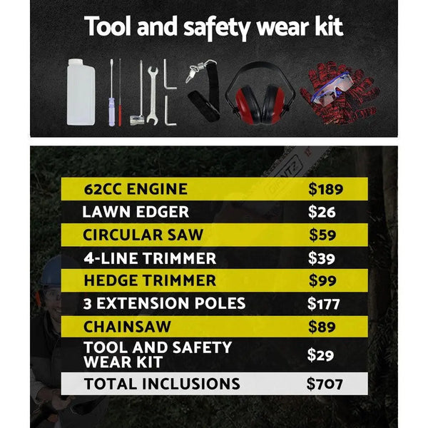 Giantz 62CC Petrol Pole Chainsaw Saw Brush Cutter Whipper Snipper Hedge Trimmer Deals499