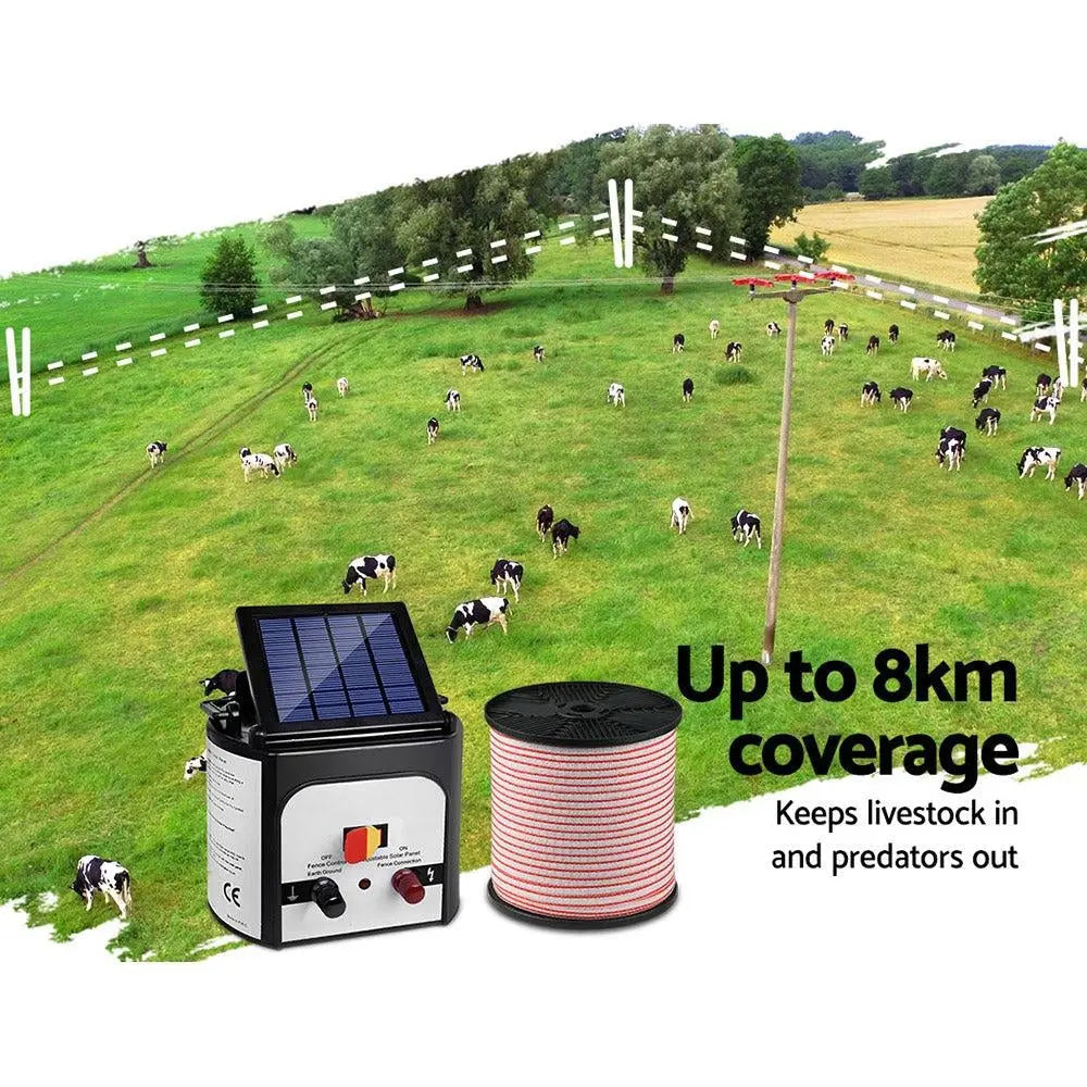 Giantz 8km Solar Electric Fence Energiser Charger with 400M Tape and 25pcs Insulators Deals499