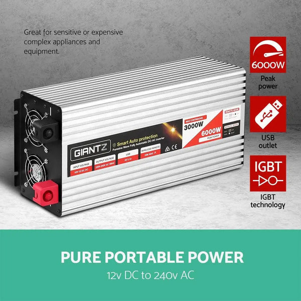 Giantz Power Inverter 3000W or 6000W Pure Sine Wave 12V-240V Camping Boat Caravan Deals499