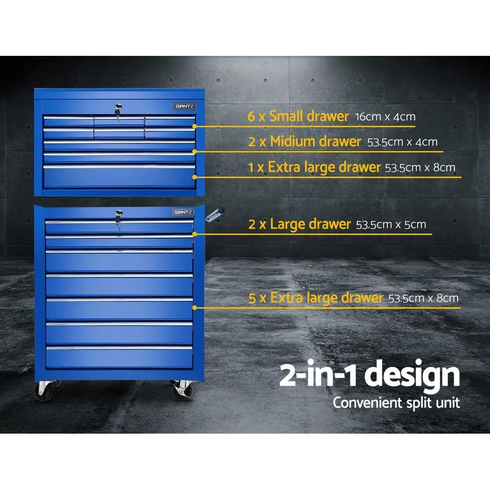 Giantz Tool Chest and Trolley Box Cabinet 16 Drawers Cart Garage Storage Blue Deals499