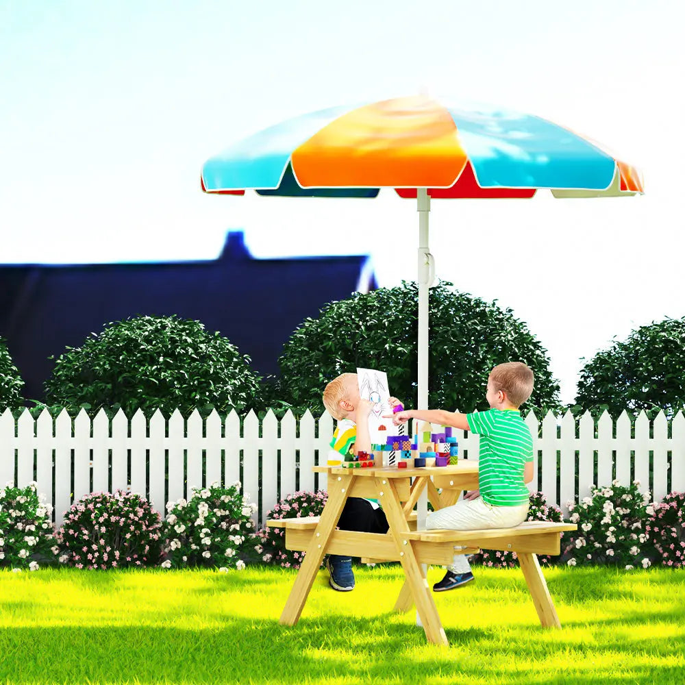 Keezi Kids Outdoor Table and Chairs Picnic Bench Seat Umbrella Children Wooden Deals499