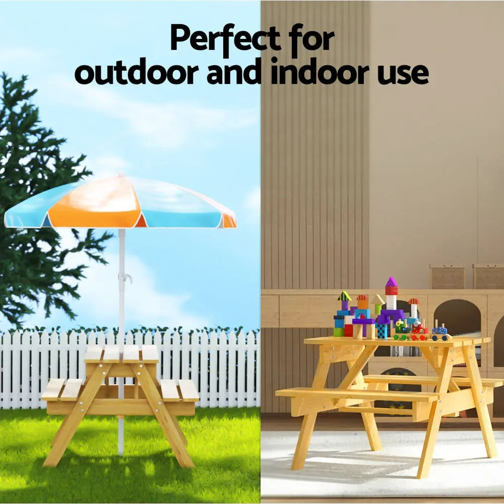 Keezi Kids Outdoor Table and Chairs Picnic Bench Seat Umbrella Children Wooden Deals499