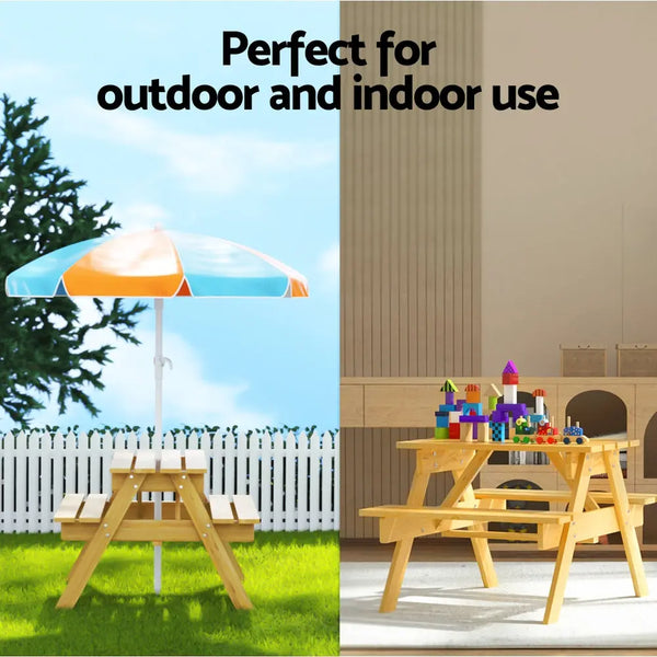Keezi Kids Outdoor Table and Chairs Picnic Bench Seat Umbrella Children Wooden Deals499