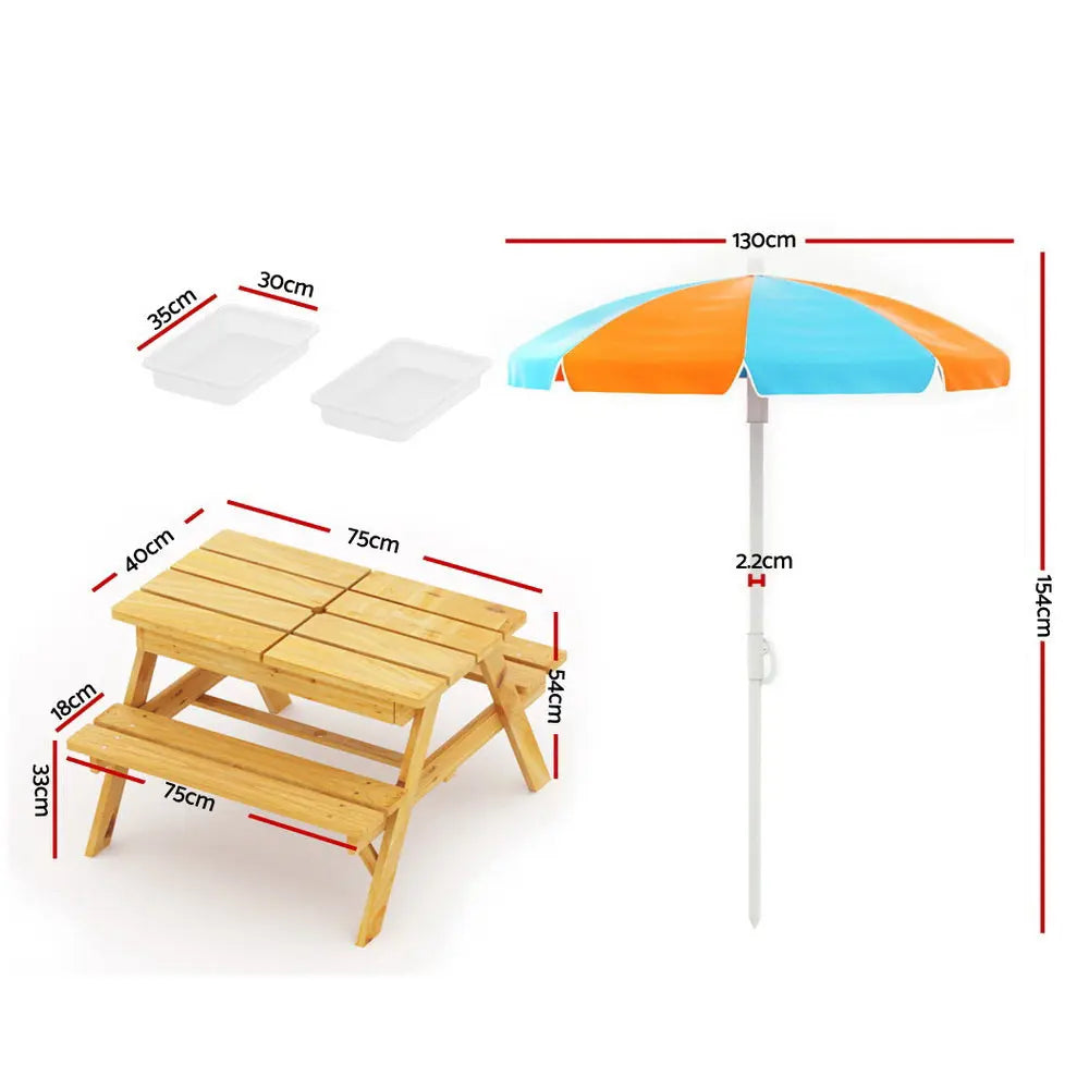 Keezi Kids Outdoor Table and Chairs Picnic Bench Set Umbrella Water Sand Pit Box Deals499
