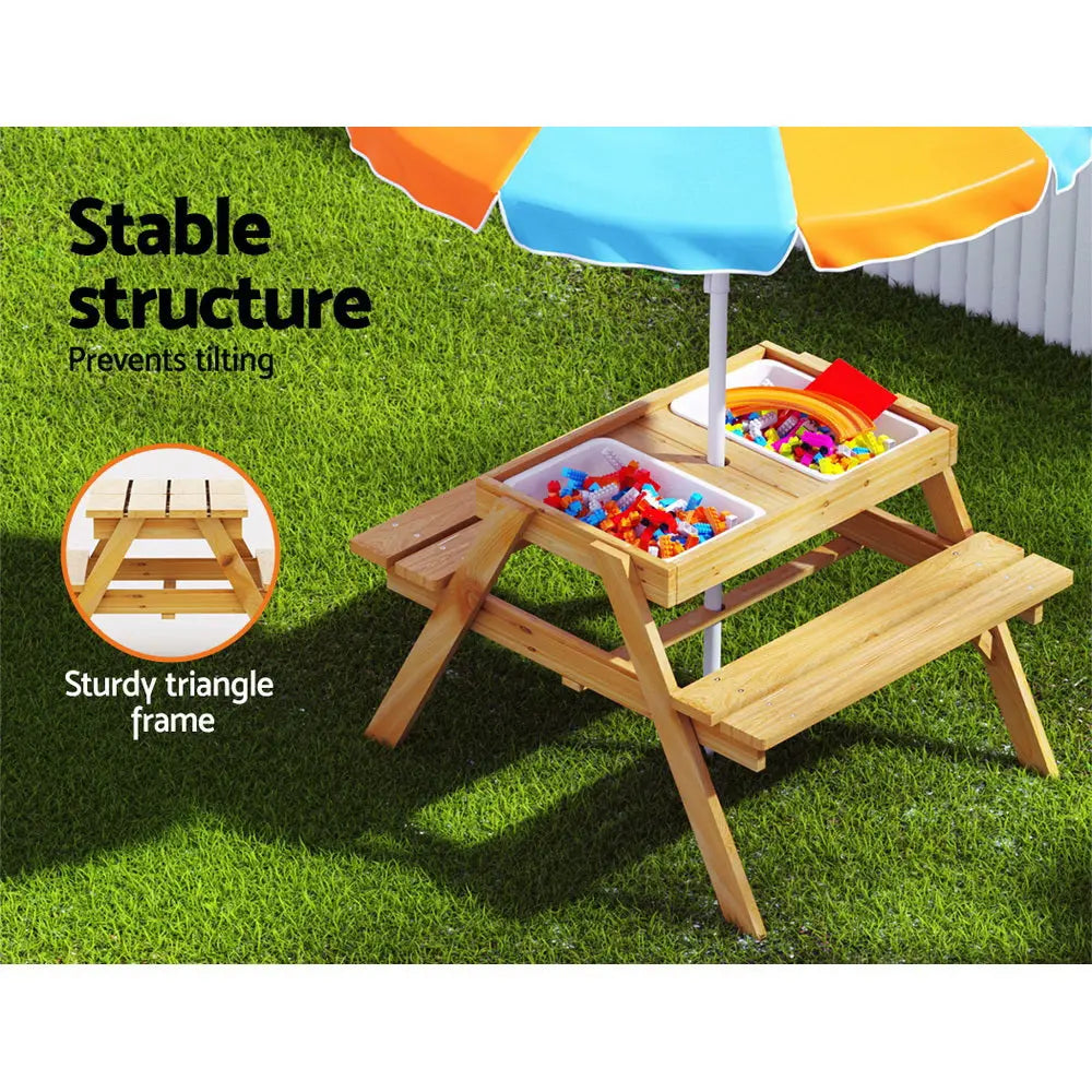 Keezi Kids Outdoor Table and Chairs Picnic Bench Set Umbrella Water Sand Pit Box Deals499