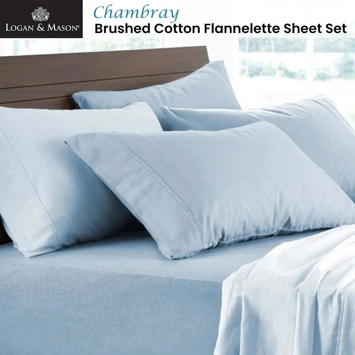 Logan and Mason Soft Brushed Cotton Flannelette Sheet Set Chambray 40cm Wall Queen from Deals499 at Deals499
