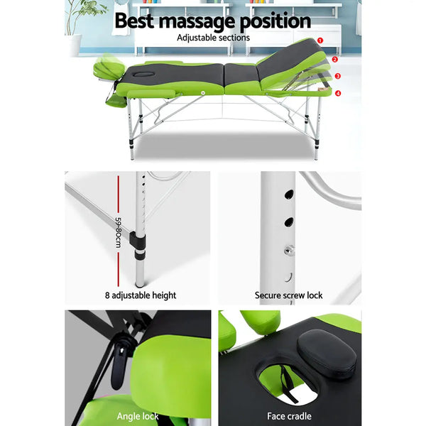 Zenses 3 Fold Portable Aluminium Massage Table - Green & Black Deals499