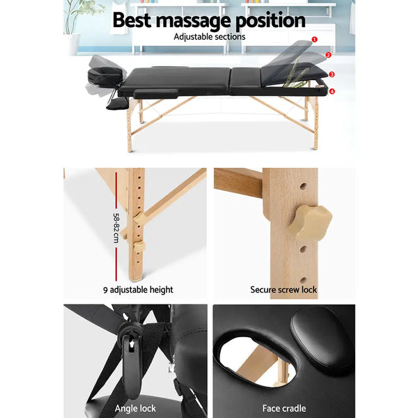 Zenses 75cm Wide Portable Wooden Massage Table 3 Fold Treatment Beauty Therapy Black Deals499
