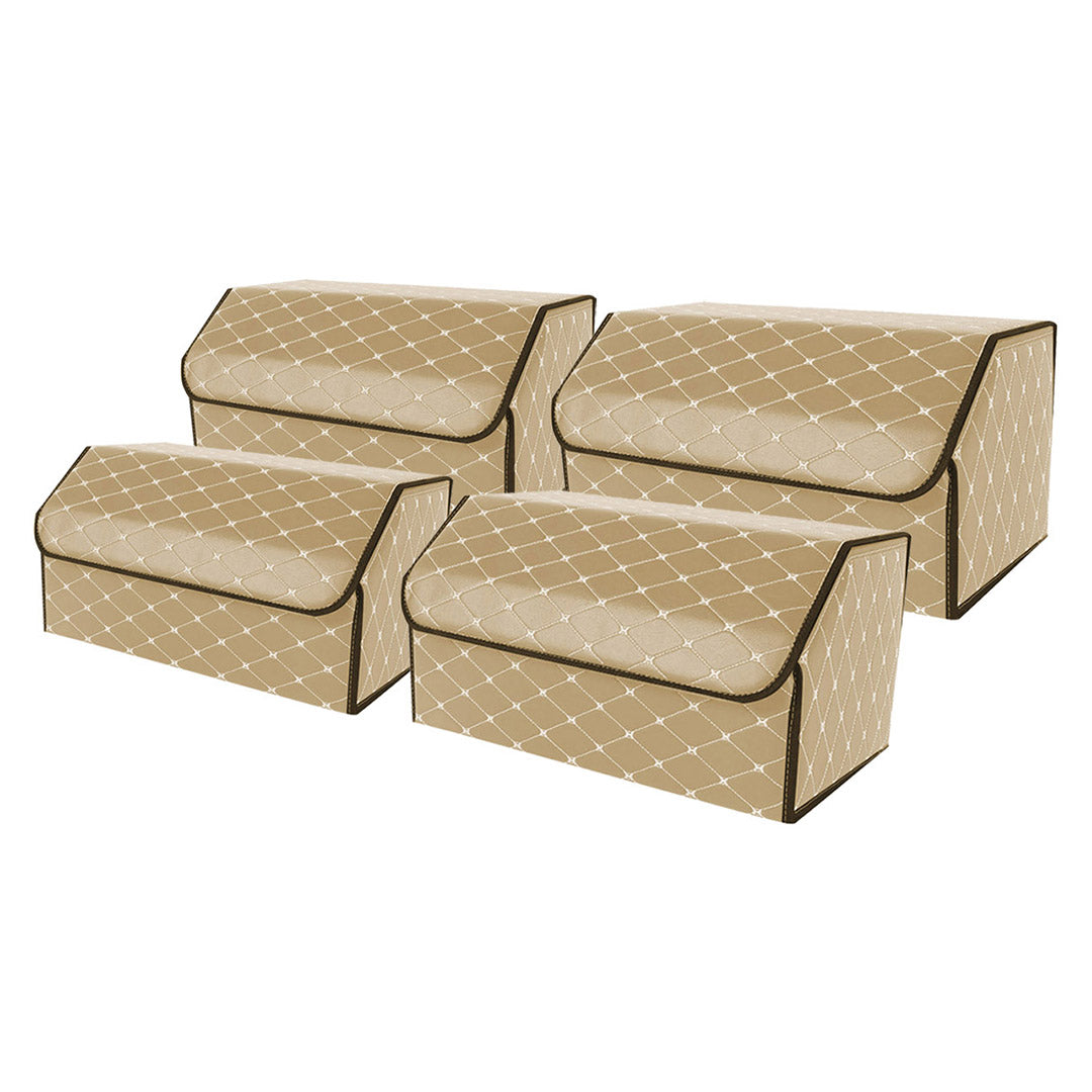 SOGA 4X Leather Car Boot Collapsible Foldable Trunk Cargo Organizer Portable Storage Box Beige/Gold Stitch Large Soga