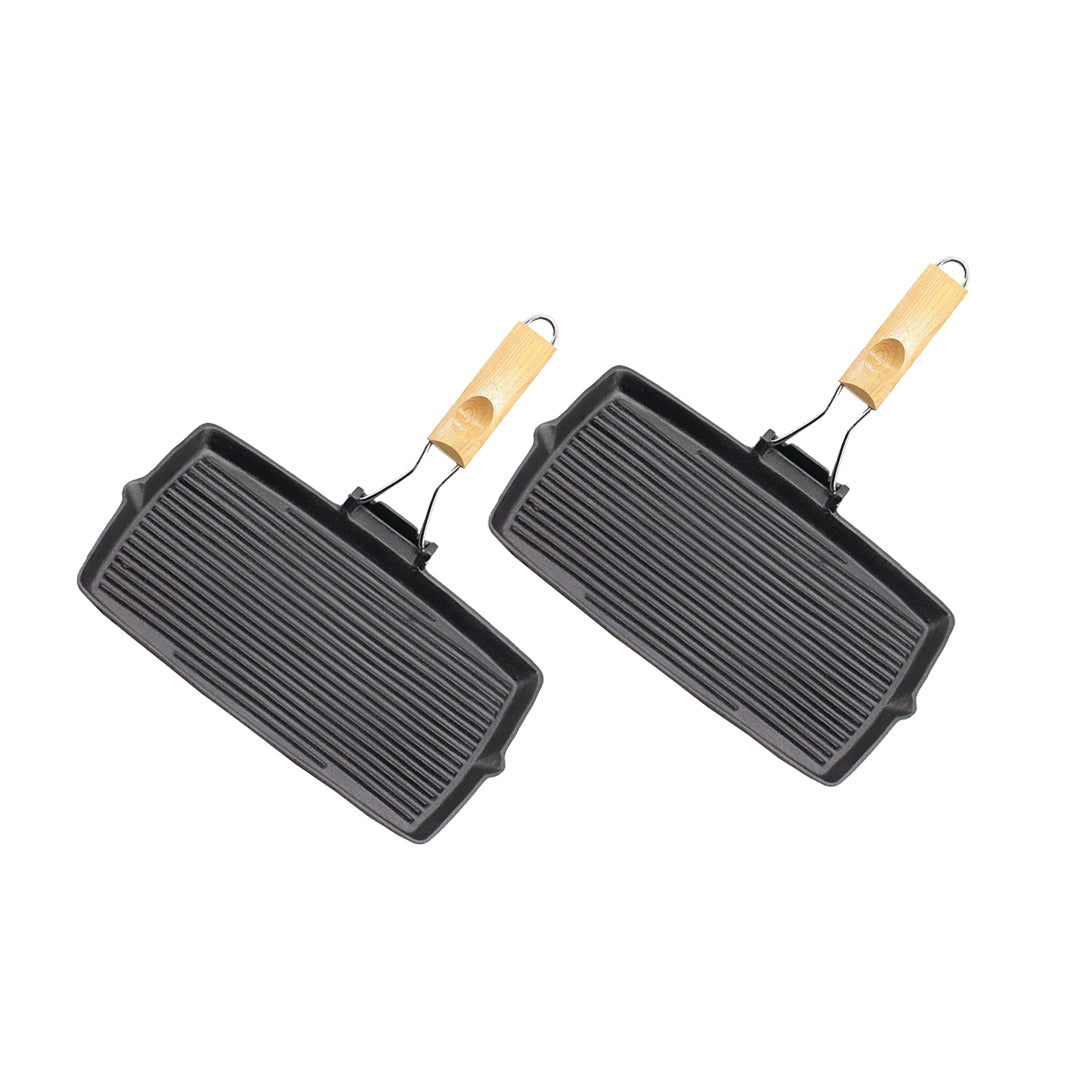 SOGA 2X 20.5cm Rectangular Cast Iron Griddle Grill Frying Pan with Folding Wooden Handle Soga