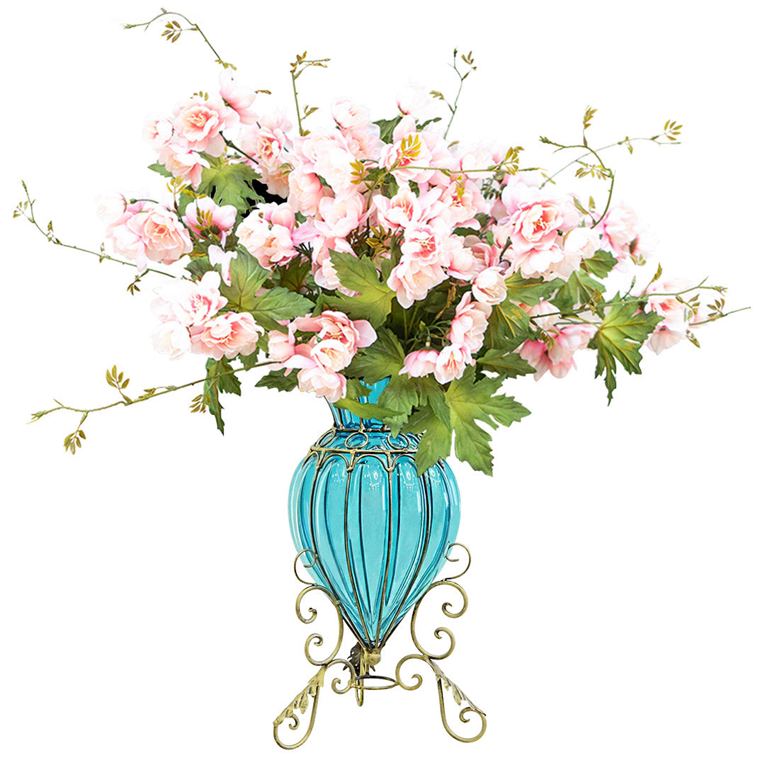 SOGA Blue Colored Glass Floor Flower Vase with 8 Bunch 3 Heads Artificial Fake Silk Hibiscus Home Decor Set Soga