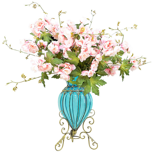 SOGA Blue Colored Glass Floor Flower Vase with 8 Bunch 3 Heads Artificial Fake Silk Hibiscus Home Decor Set Soga