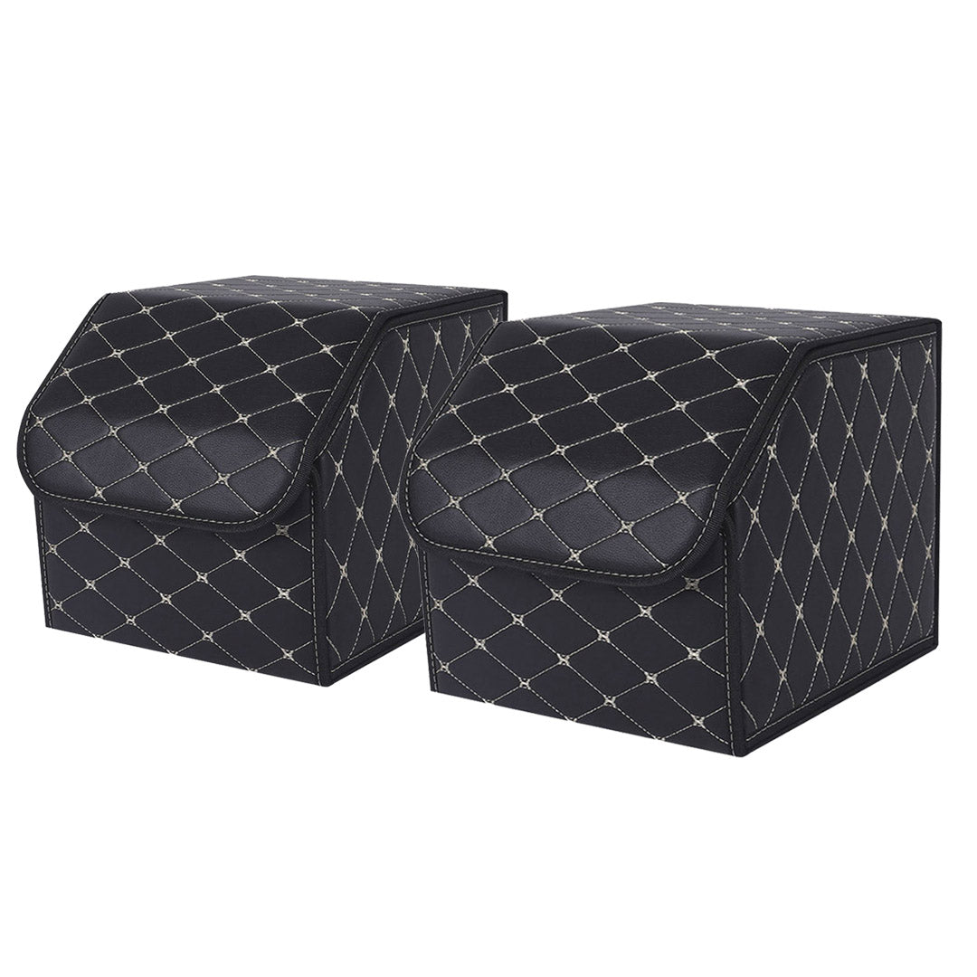 SOGA 2X Leather Car Boot Collapsible Foldable Trunk Cargo Organizer Portable Storage Box Black/Gold Stitch Small Soga