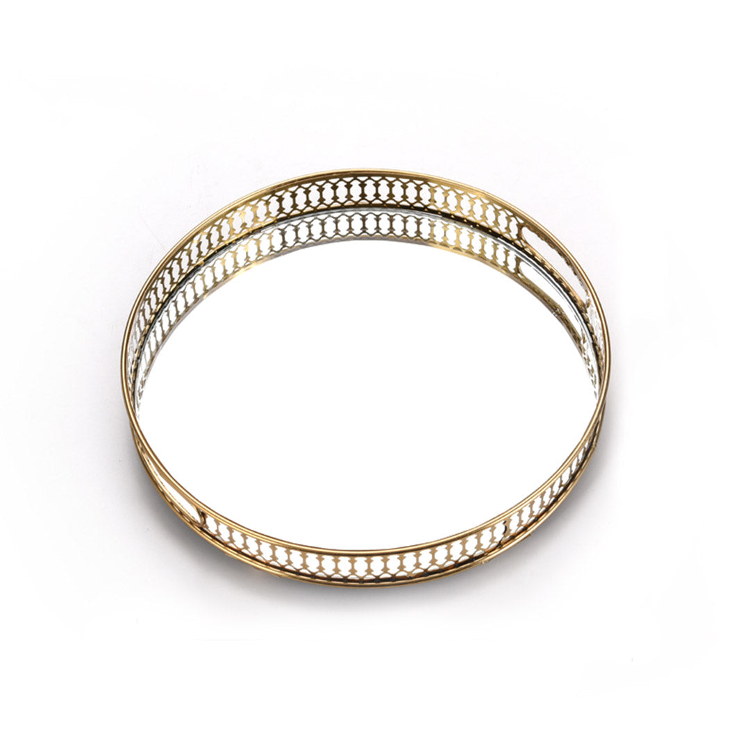 SOGA 32cm Gold Round Ornate Mirror Glass Metal Tray Vanity Makeup Perfume Jewelry Organiser with Handles Soga