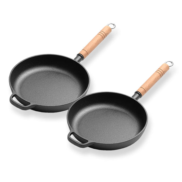 SOGA 2X 25cm Round Cast Iron Frying Pan Skillet Steak Sizzle Platter with Helper Handle Soga