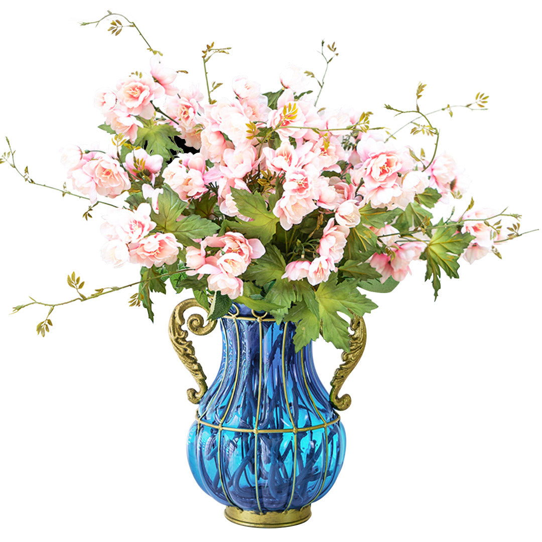 SOGA Blue Colored Glass Flower Vase with 8 Bunch 3 Heads Artificial Fake Silk Hibiscus Home Decor Set Soga
