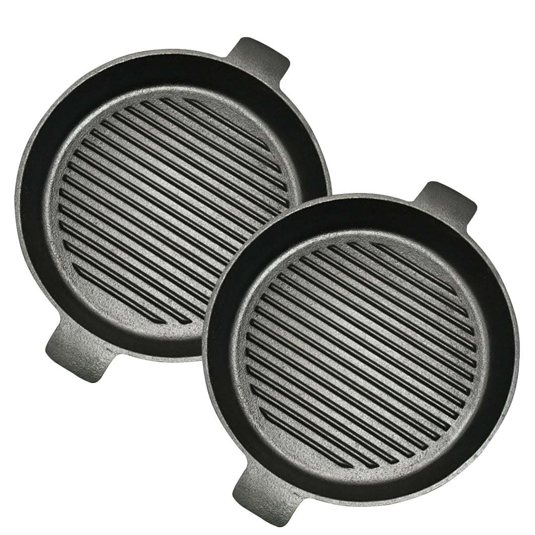 SOGA 2X 25cm Round Ribbed Cast Iron Frying Pan Skillet Steak Sizzle Platter with Handle Soga