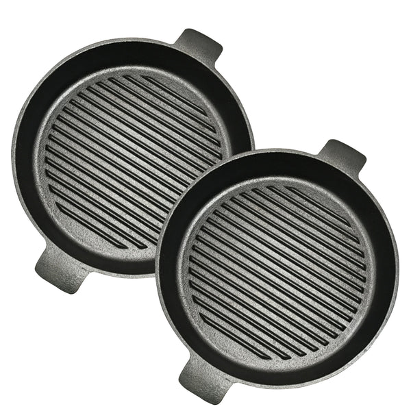 SOGA 2X 25cm Round Ribbed Cast Iron Frying Pan Skillet Steak Sizzle Platter with Handle Soga