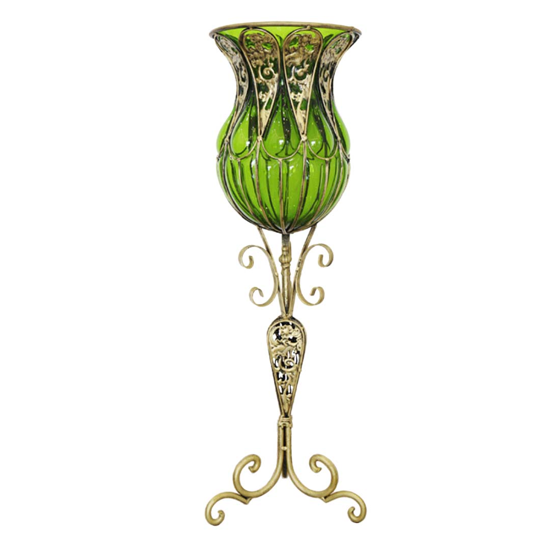 SOGA 85cm Green Glass Floor Vase with Tall Metal Flower Stand Soga
