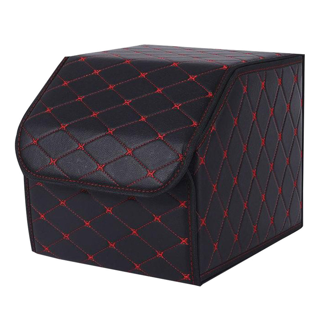 SOGA Leather Car Boot Collapsible Foldable Trunk Cargo Organizer Portable Storage Box Black/Red Stitch Small Soga