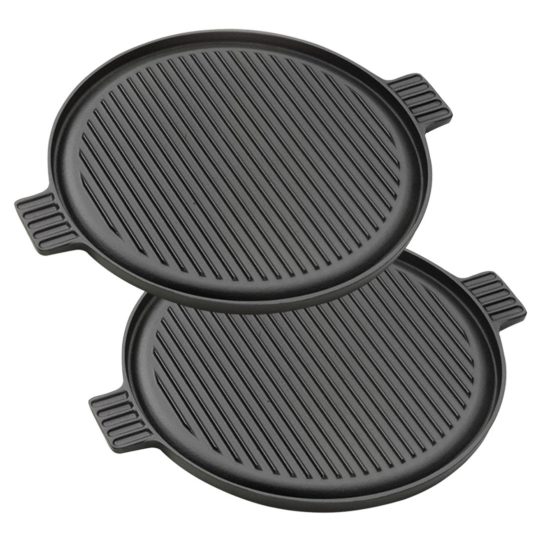 SOGA 2X 43cm Round Ribbed Cast Iron Frying Pan Skillet Steak Sizzle Platter with Handle Soga