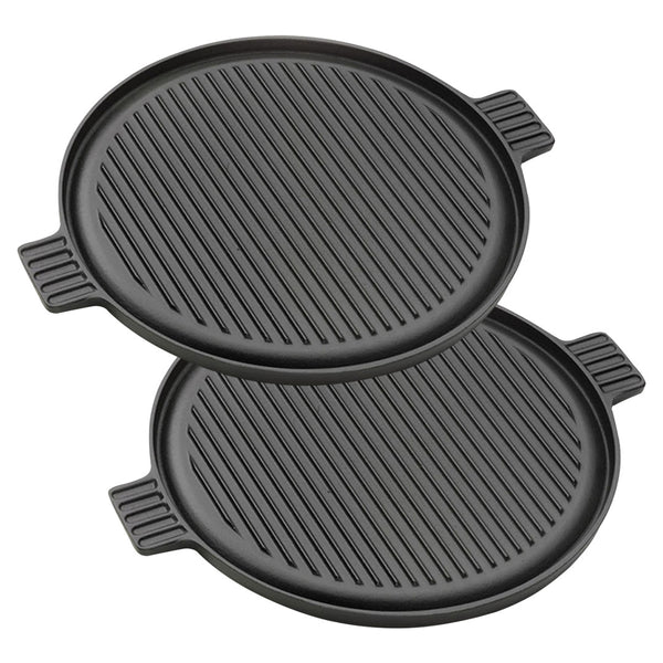 SOGA 2X 43cm Round Ribbed Cast Iron Frying Pan Skillet Steak Sizzle Platter with Handle Soga